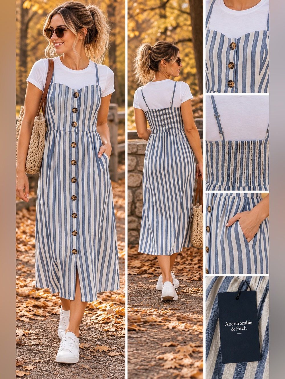 Abercrombie & Fitch NWT Blue White Striped Button Front Midi Dress